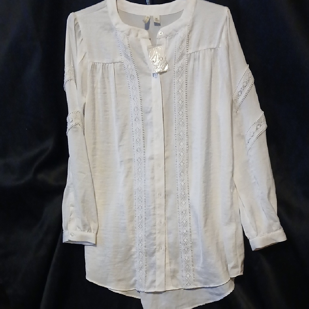 Cato White Lace-Trim Button Front Blouse